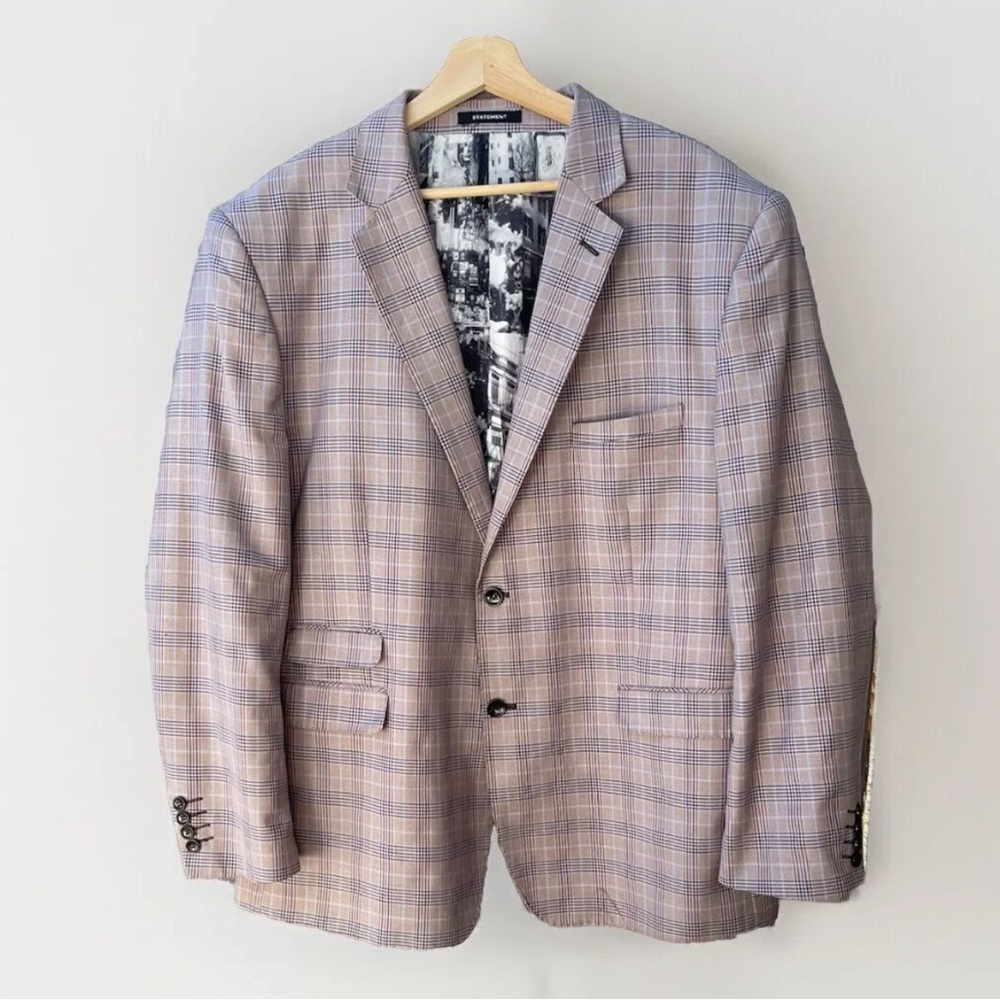 Statement Italy Súper 150 Brown And Blue Check Blaser Unique Silk Photo Lining